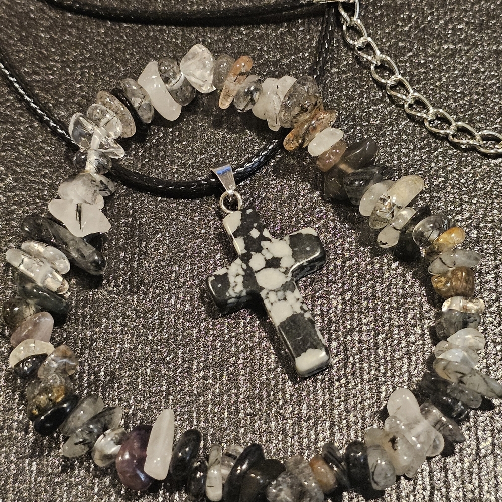 2pc snowflake obsidian cross necklace and bracelet